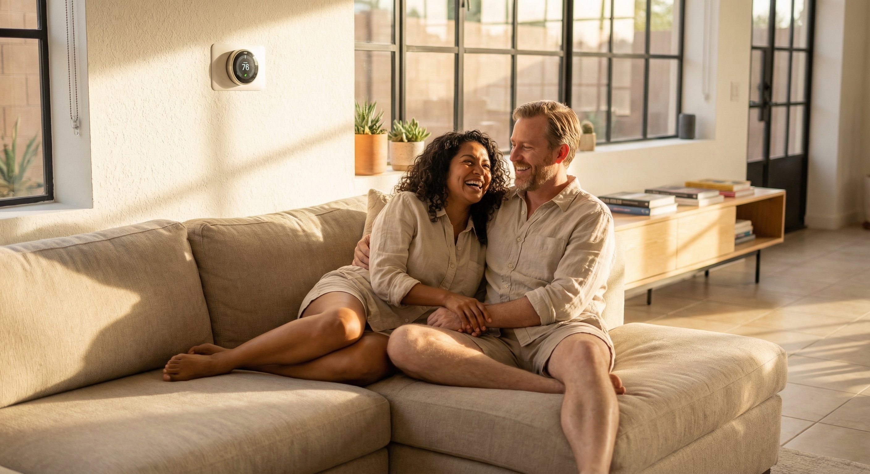 Family checking their thermostat and staying comfortable in their air conditioned Phoenix home