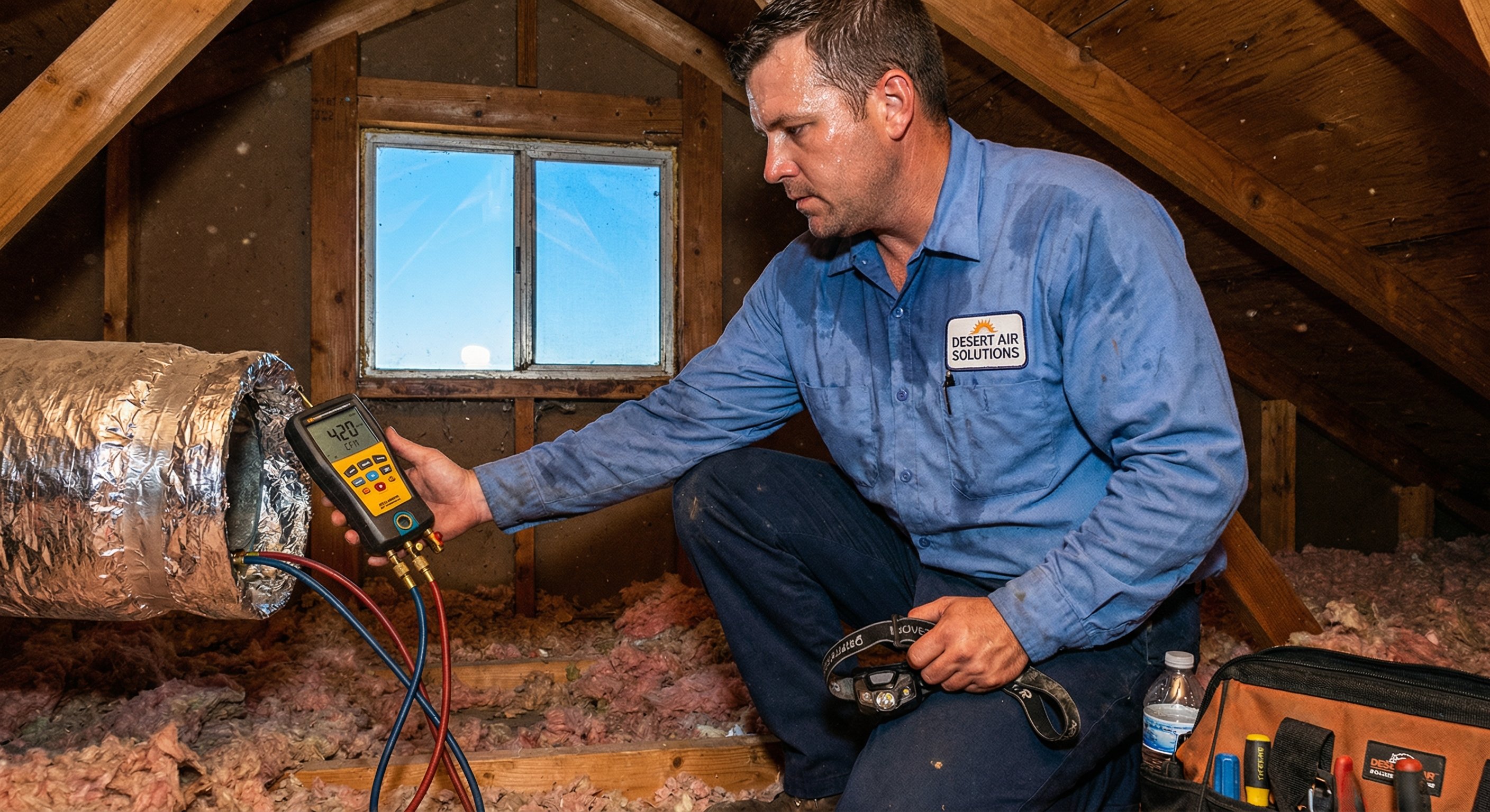 HVAC technician measuring airflow with manometer in Phoenix attic