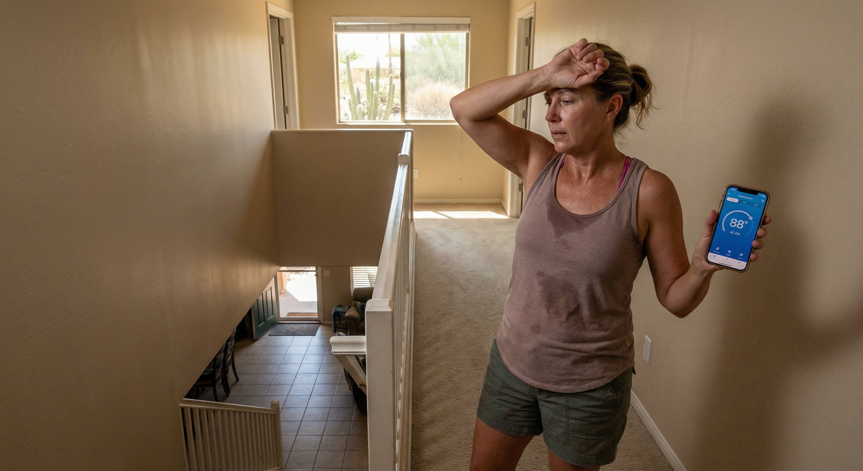 Frustrated Phoenix homeowner checking hot thermostat reading 88F in upstairs hallway