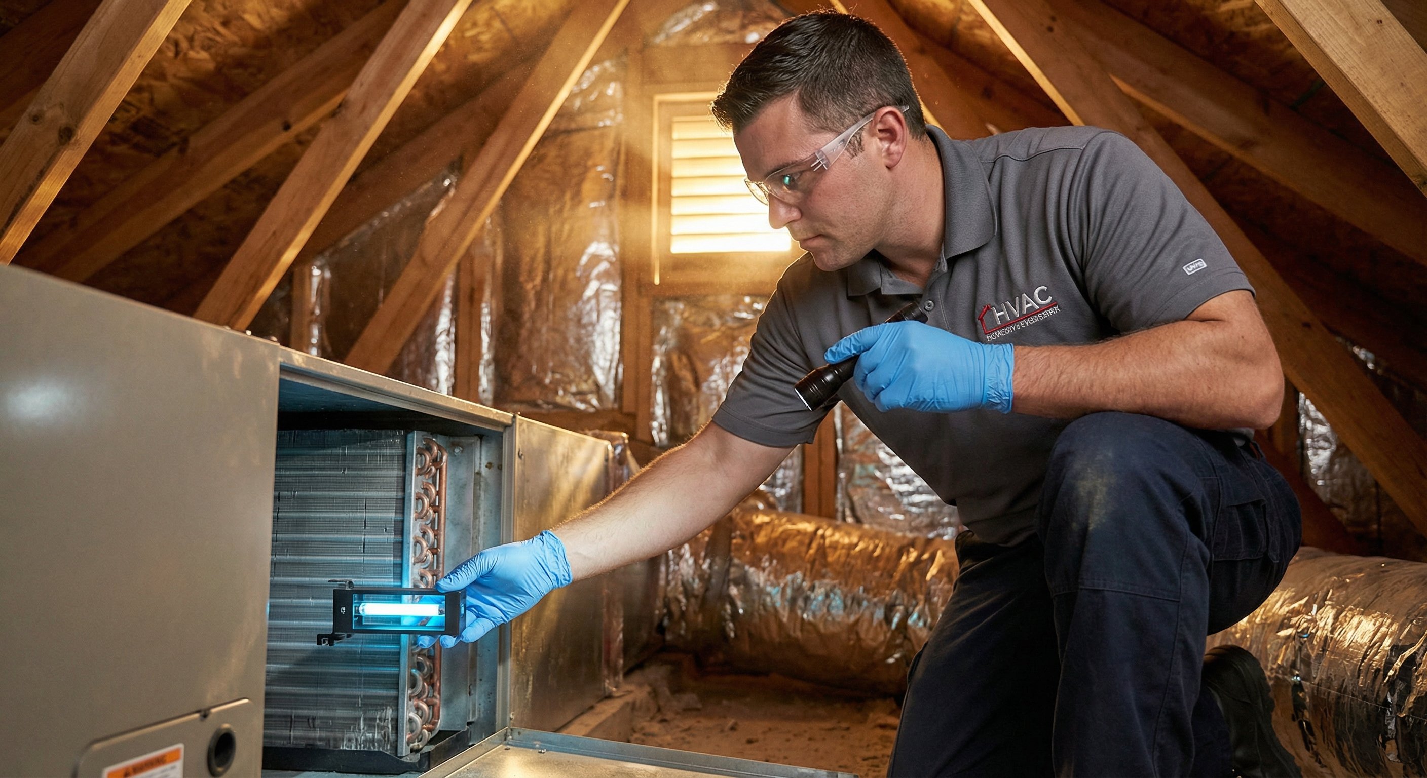 Licensed HVAC technician installing a UV-C air cleaner bracket above an attic air handler evaporator coil in Phoenix