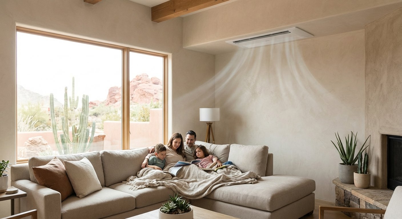 Family enjoying cool air in Arizona living room