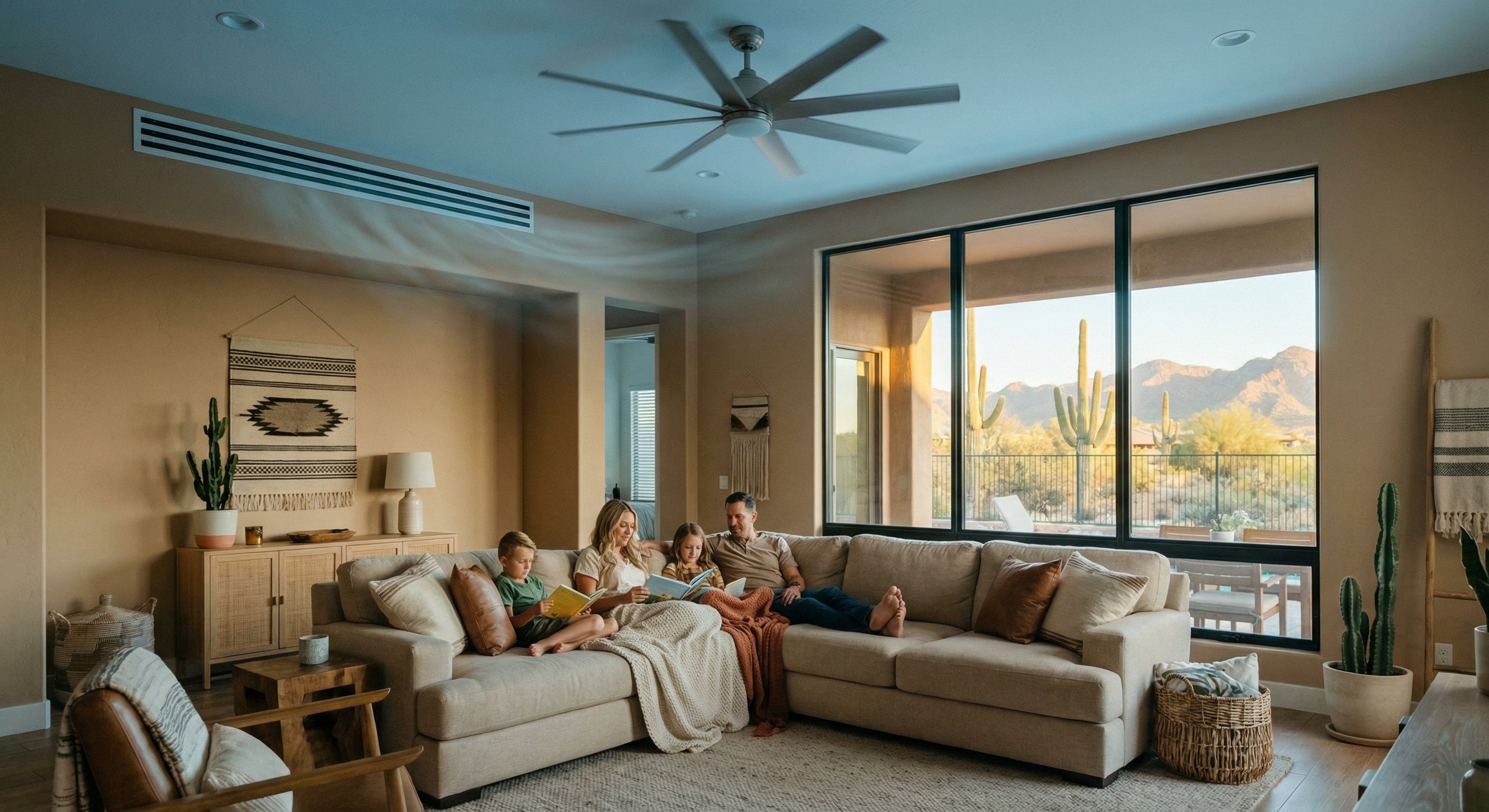 Family relaxing in a cool Phoenix living room with ceiling fan running
