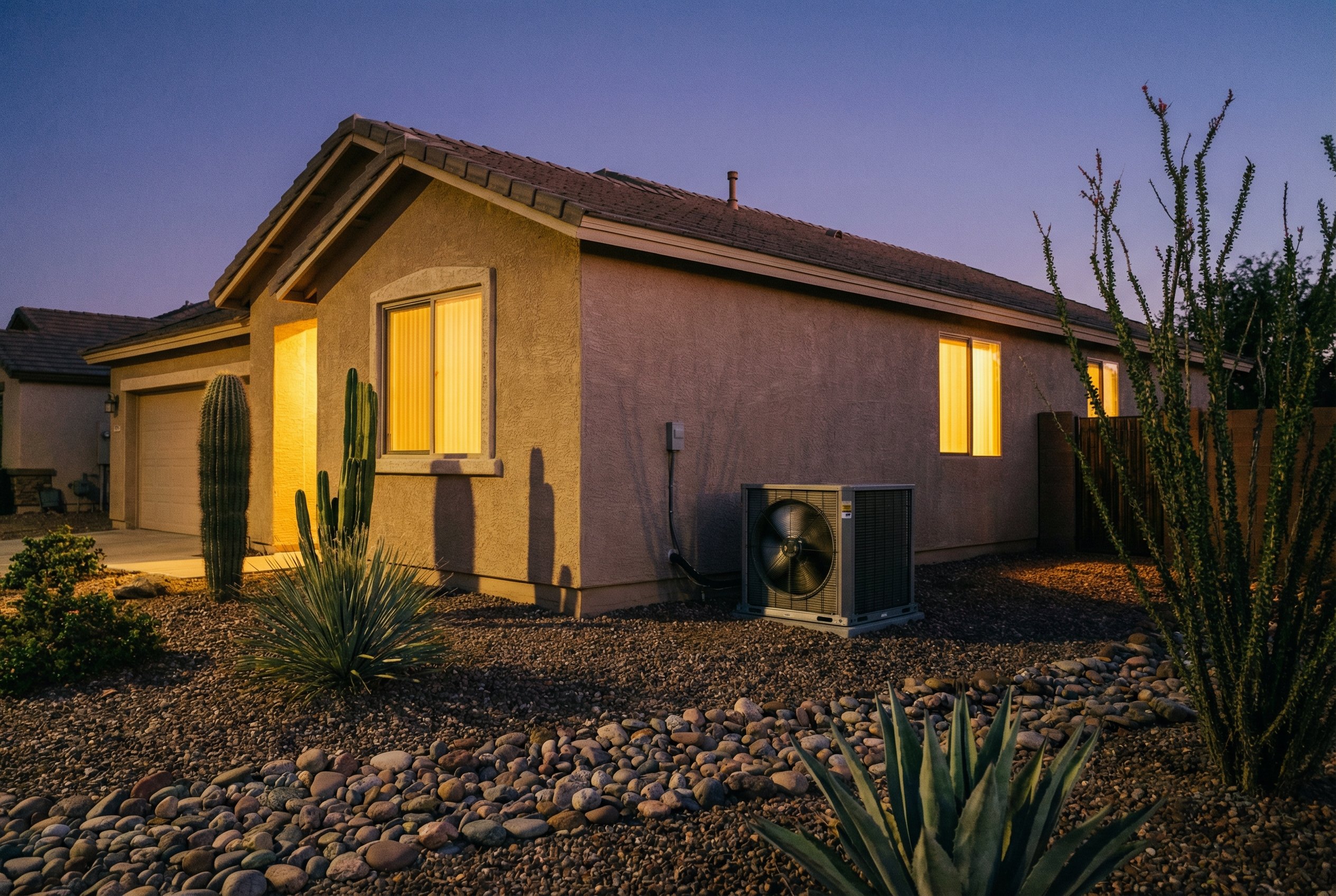 A Phoenix home at dusk with a side-yard AC unit running, warm interior light glowing against the cooling desert air