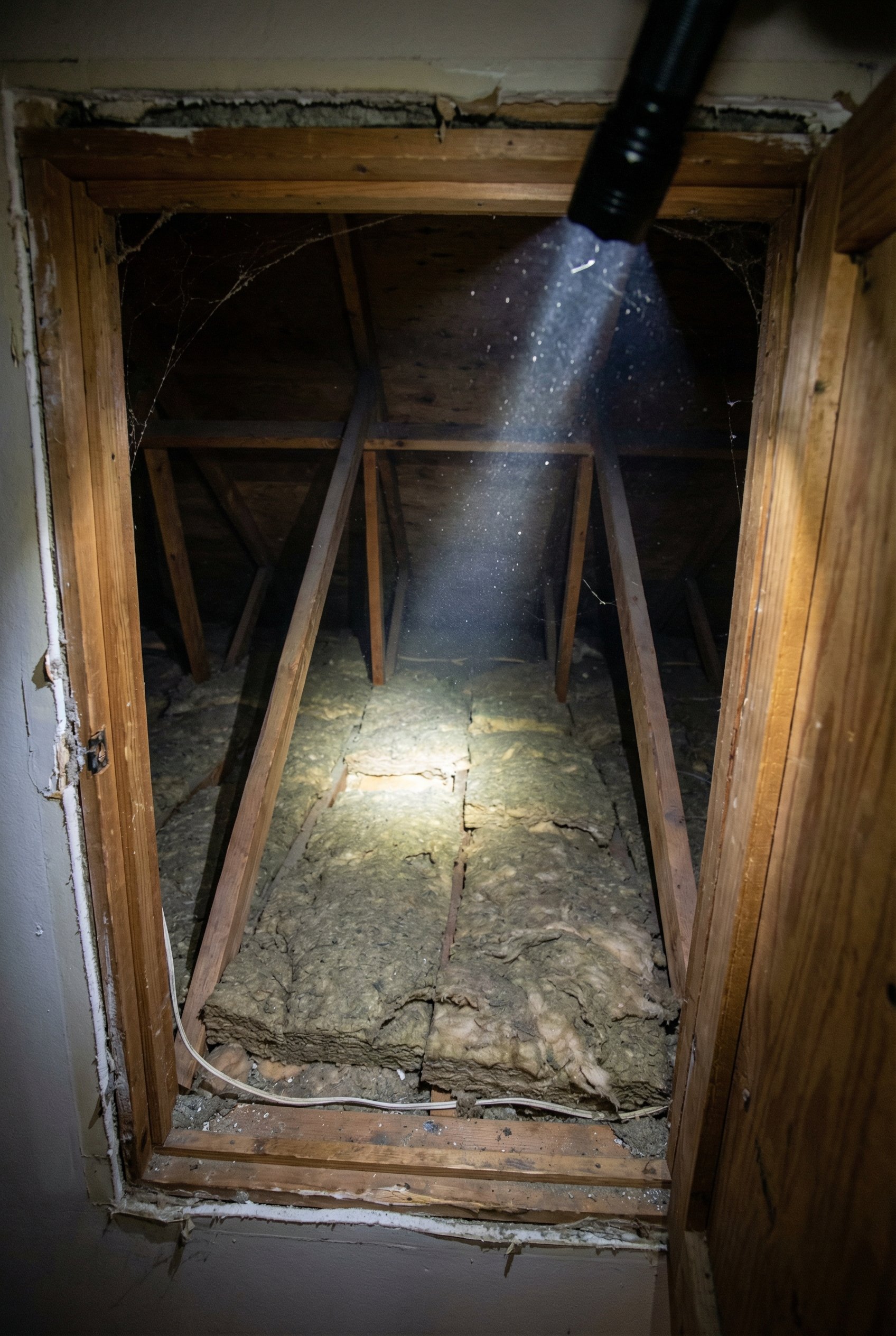 Open attic access hatch revealing old compressed insulation with gaps, flashlight illuminating dust and debris in a Phoenix home attic