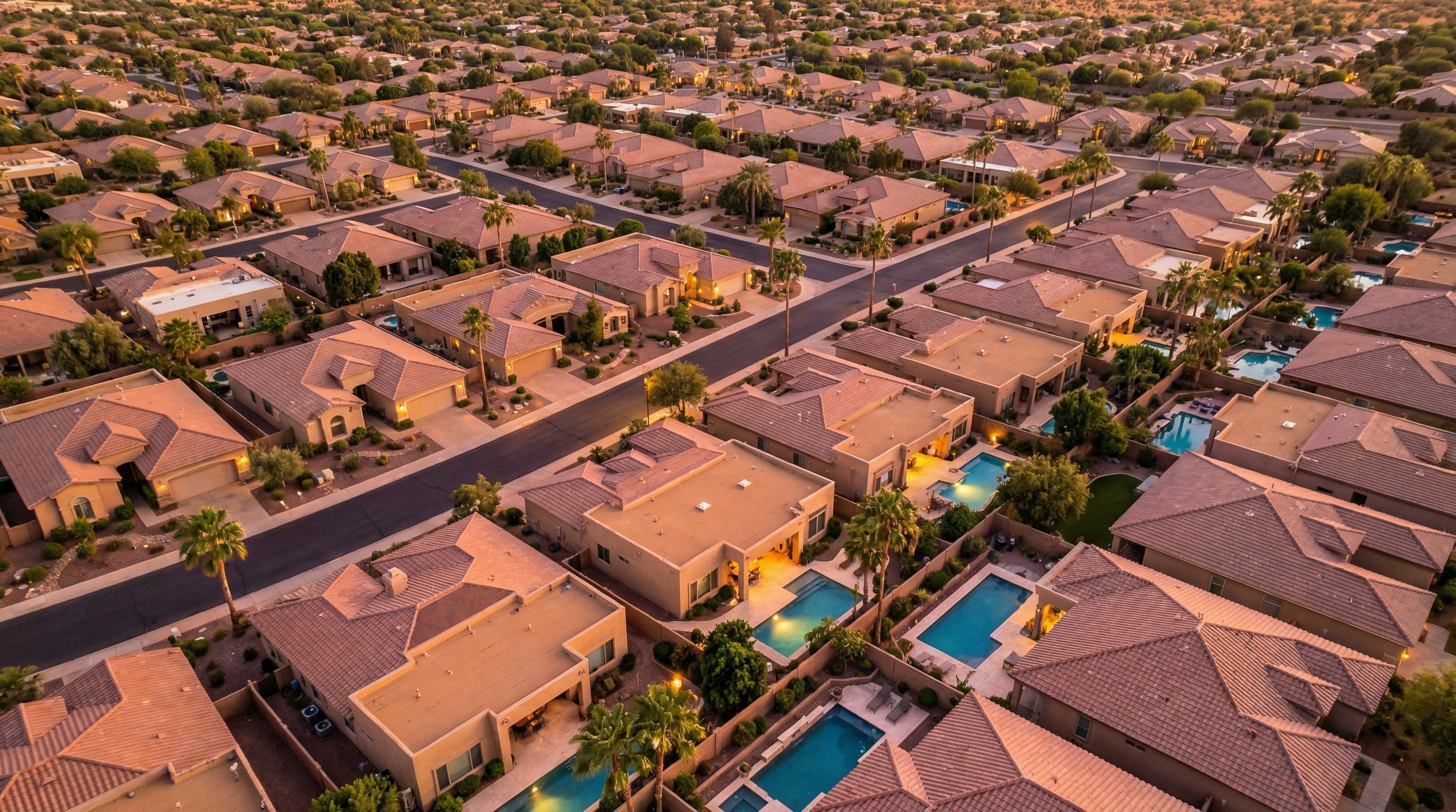 Aerial drone photograph at dusk of a Phoenix metro subdivision with stucco homes, flat tile roofs, palm-lined streets, and swimming pools