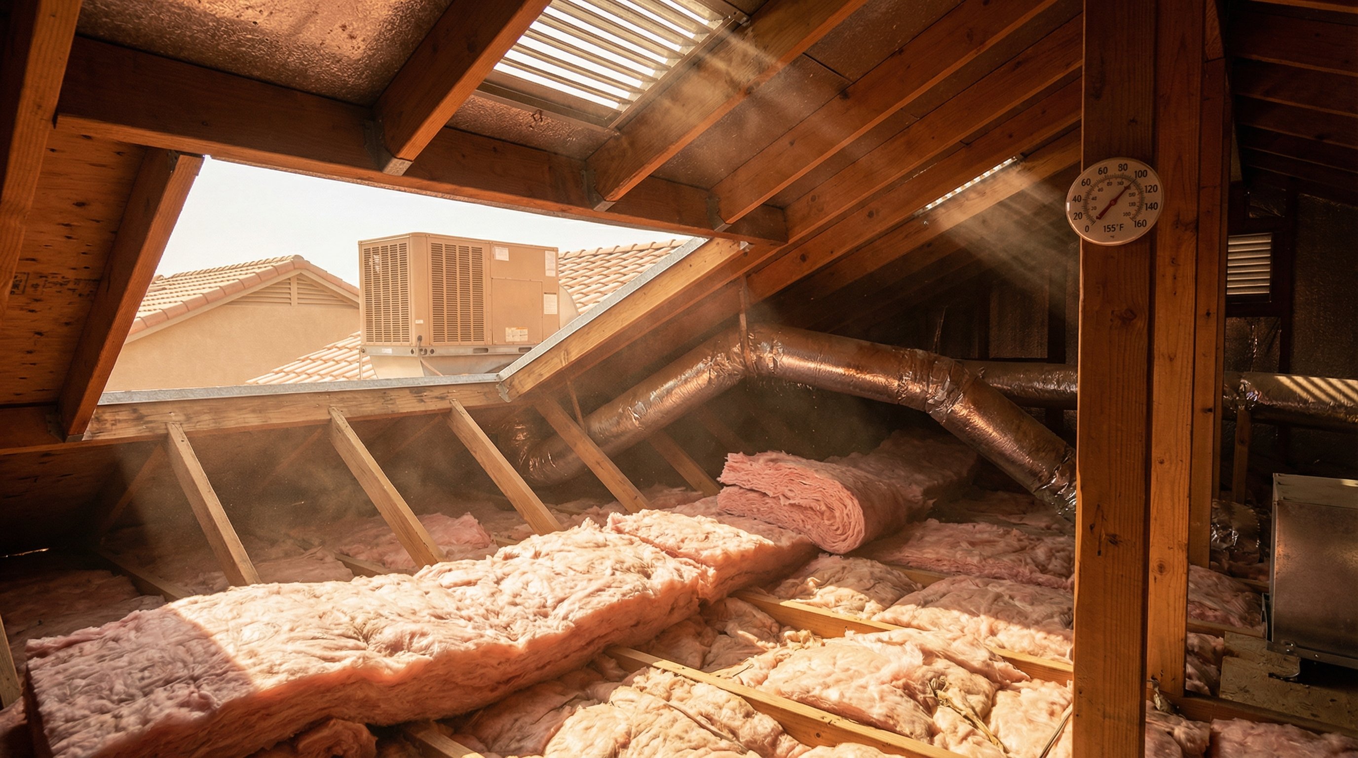 Phoenix attic interior showing exposed ductwork, insulation, and extreme heat in summer