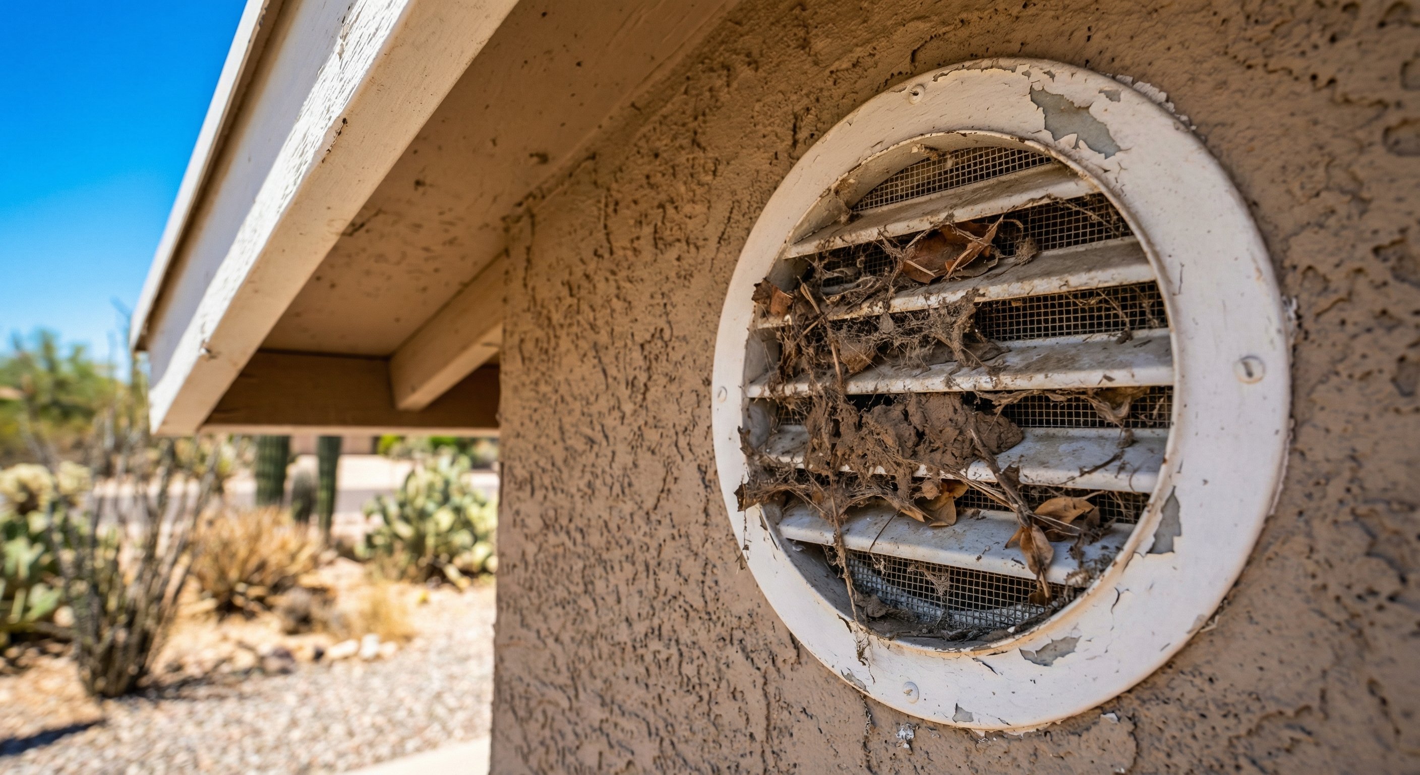 Dirty clogged roof soffit vent on a stucco Phoenix home blocking airflow