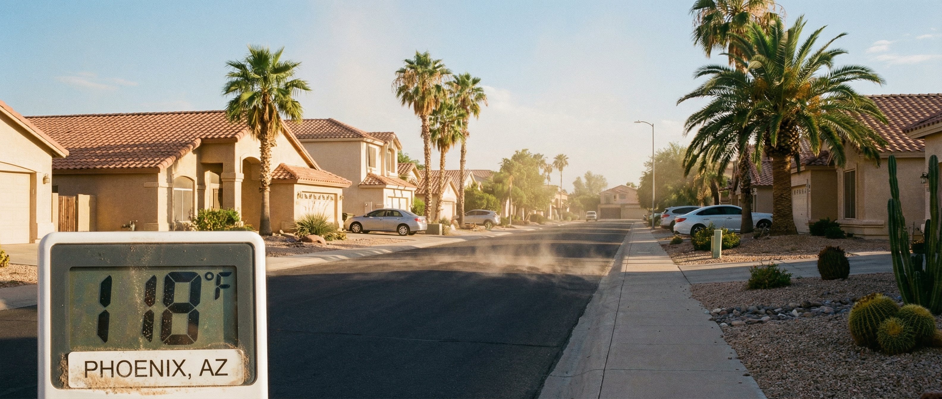 Phoenix Arizona suburban neighborhood in late afternoon summer heat with visible heat shimmer