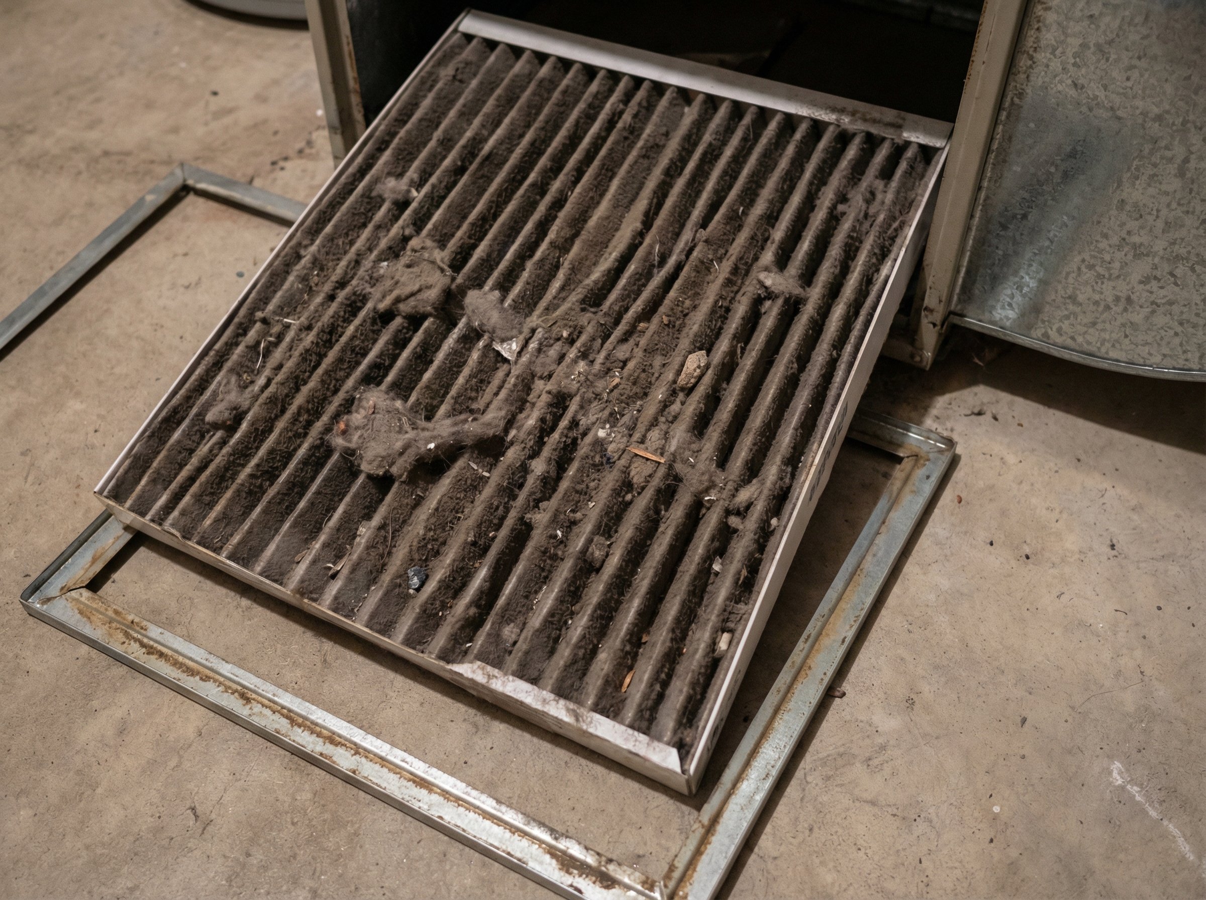 Dirty clogged AC air filter showing dust and debris buildup