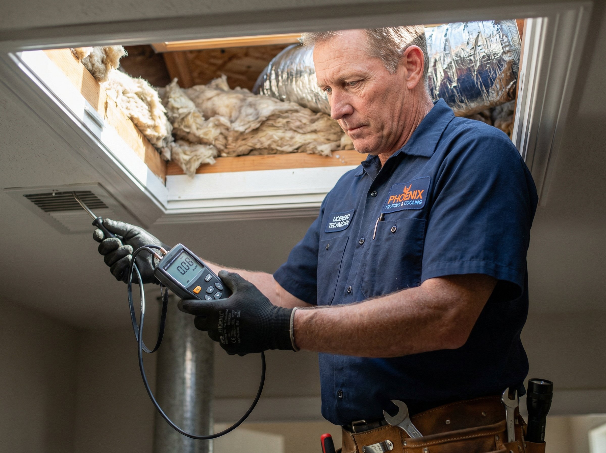 HVAC technician testing ductwork airflow pressure with manometer in Phoenix attic