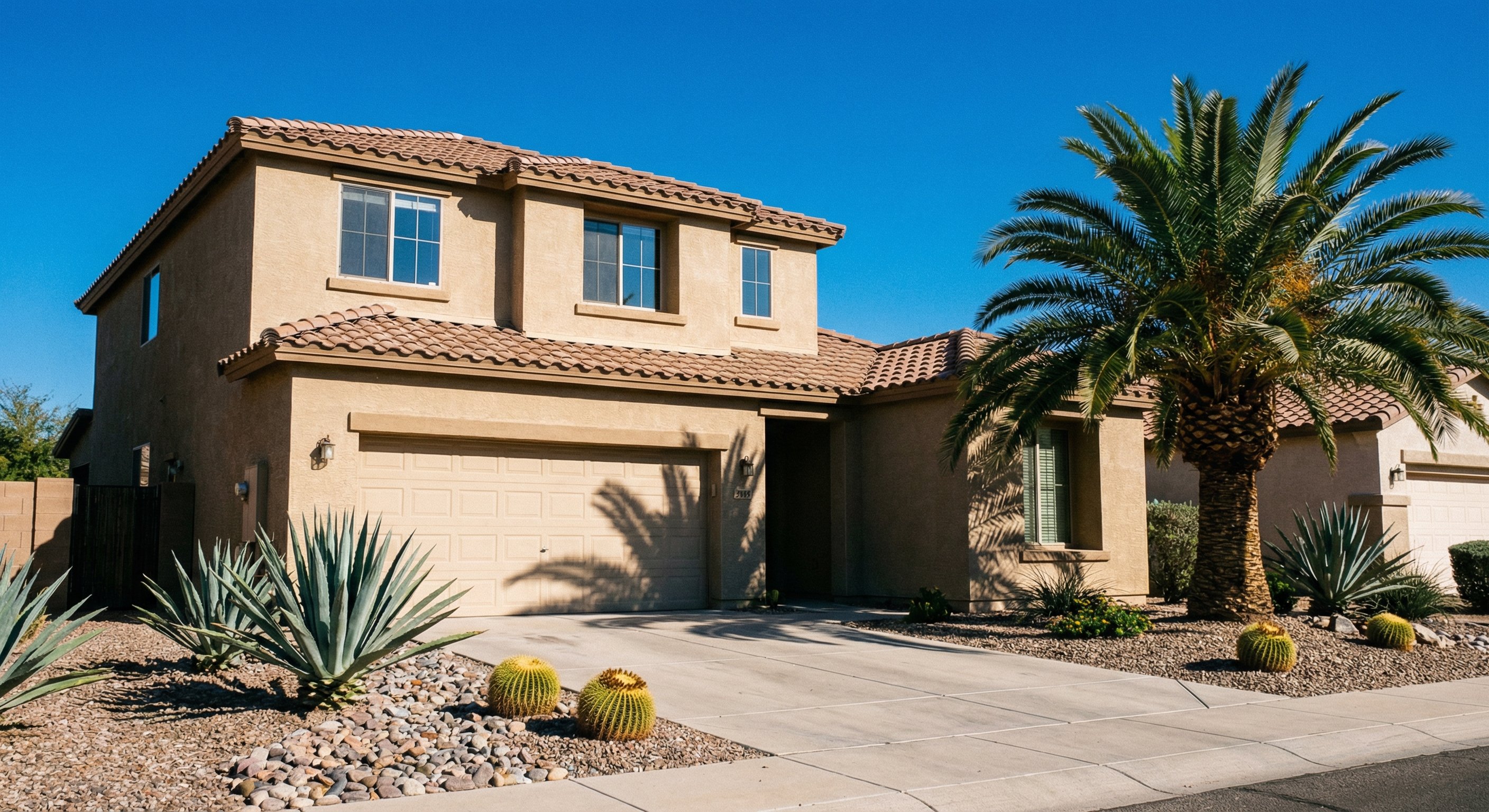 Two-story Phoenix-area stucco home with desert landscaping on a hot summer day