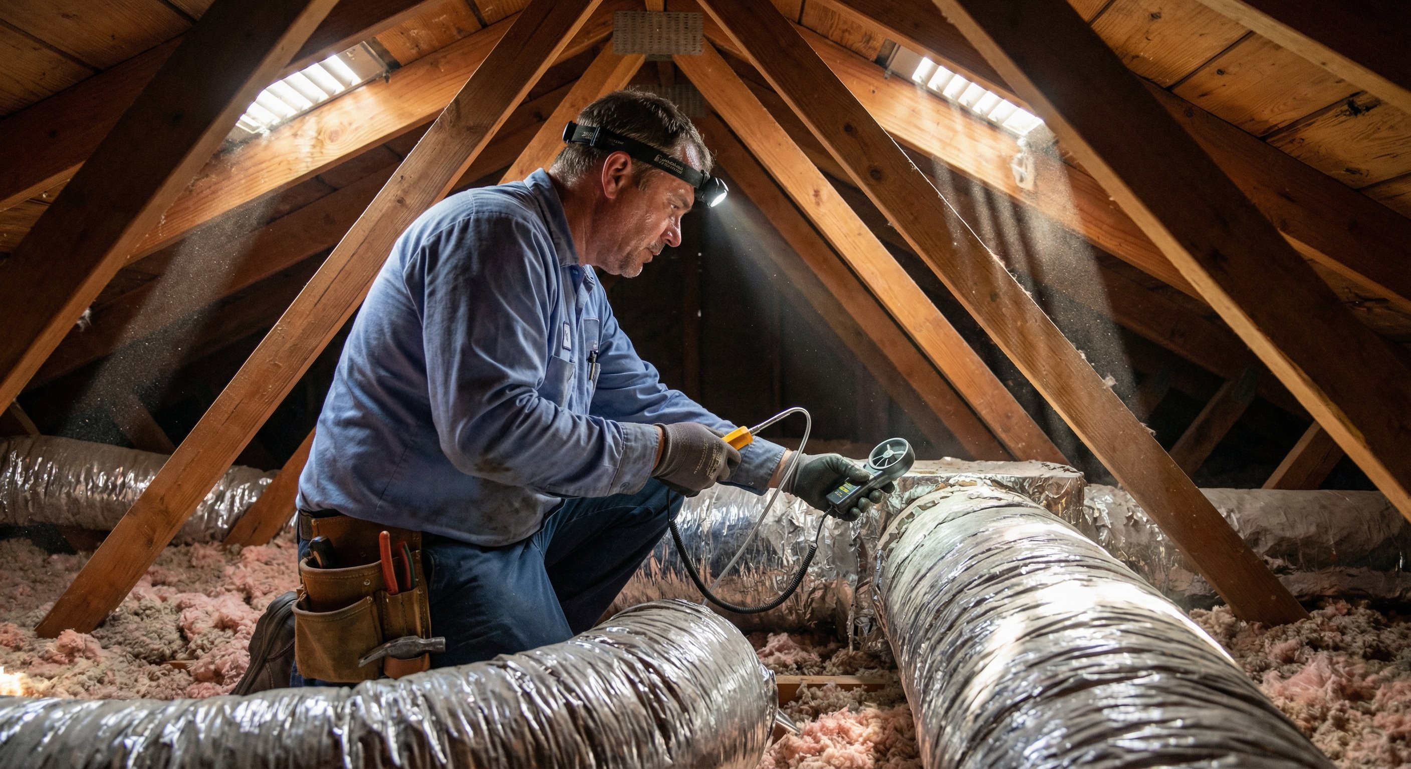 Licensed HVAC technician inspecting flex duct connections and measuring airflow in a Phoenix attic
