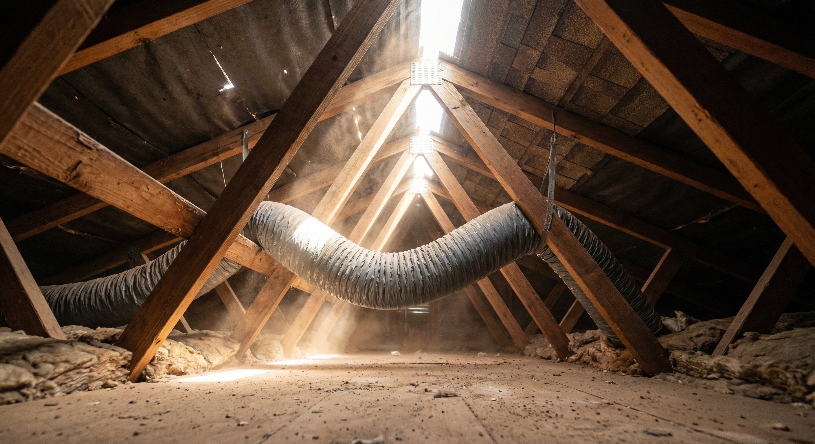Sagging uninsulated flex duct in a Phoenix attic with harsh afternoon light streaming through roof vents
