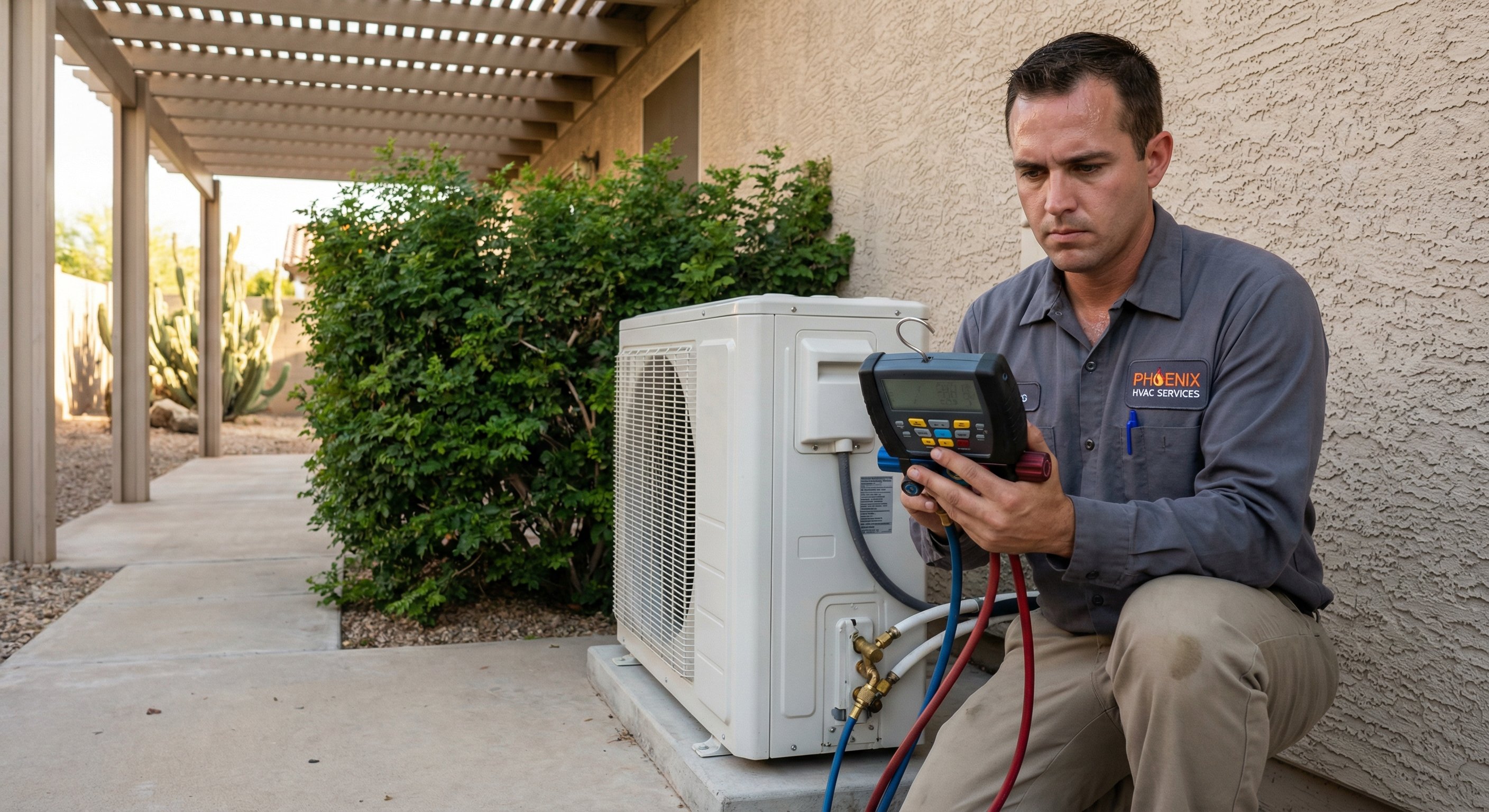 Licensed HVAC technician inspecting a central AC condenser unit outside a Phoenix home