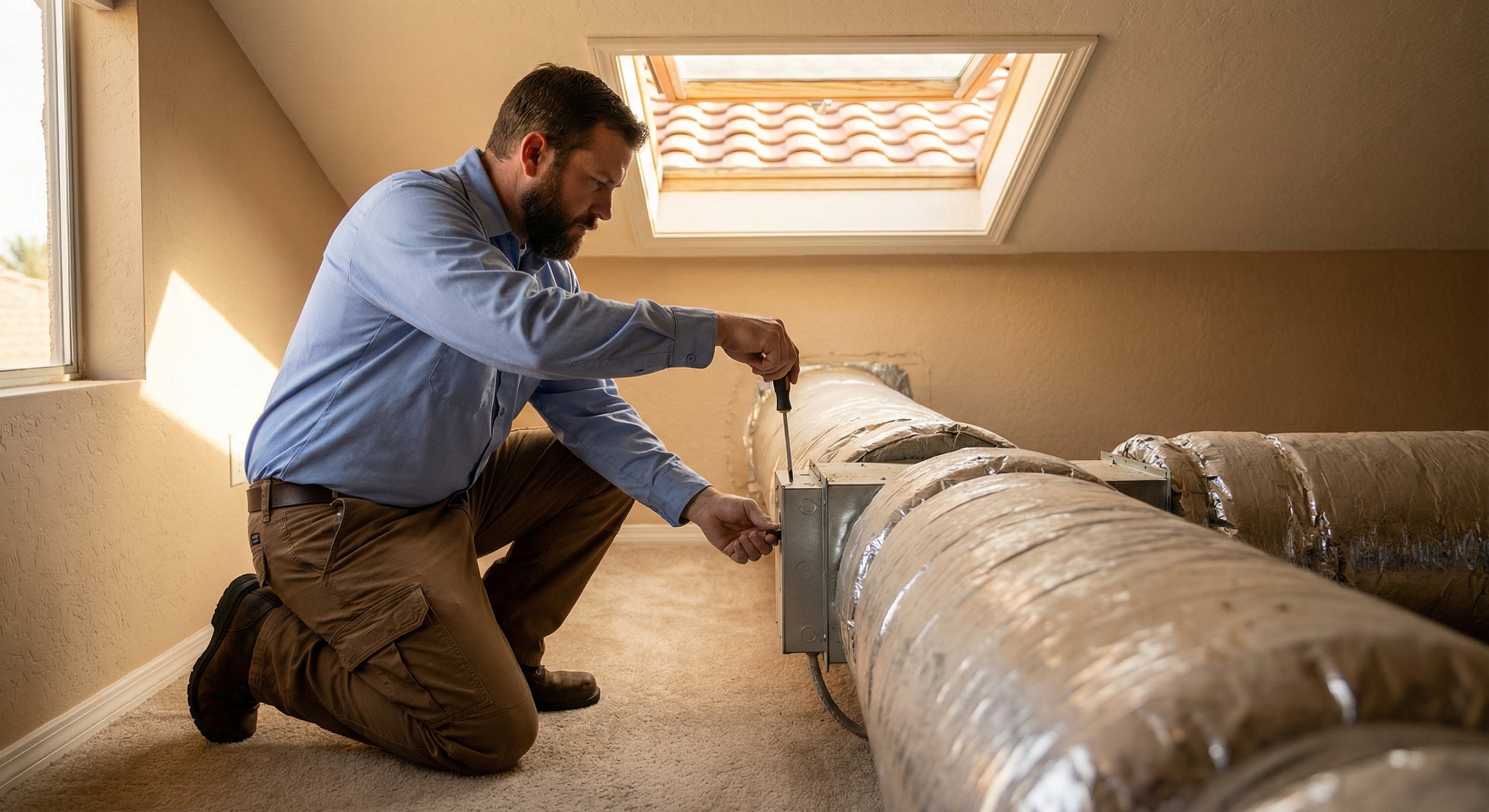 HVAC technician adjusting a zoned duct damper control box in an Arizona attic