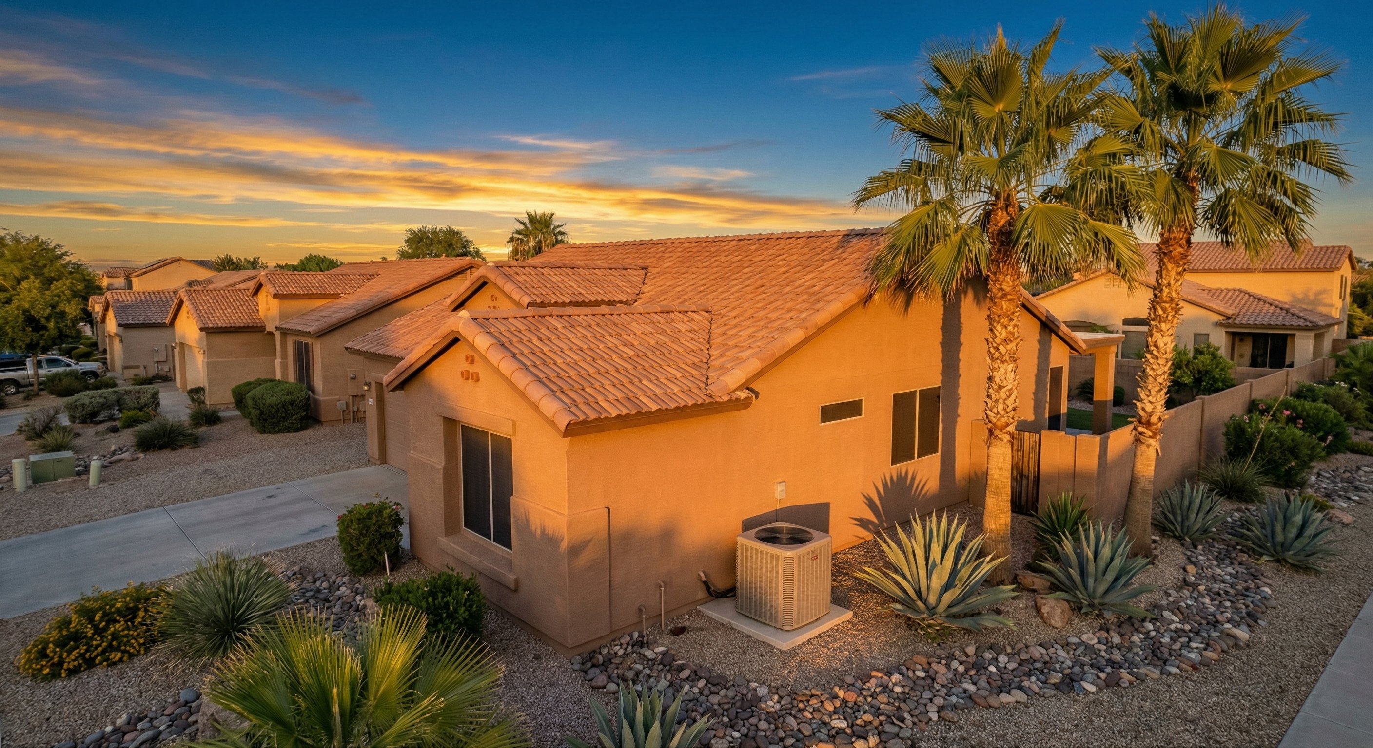 Phoenix metro neighborhood aerial at golden hour with stucco home and desert landscaping