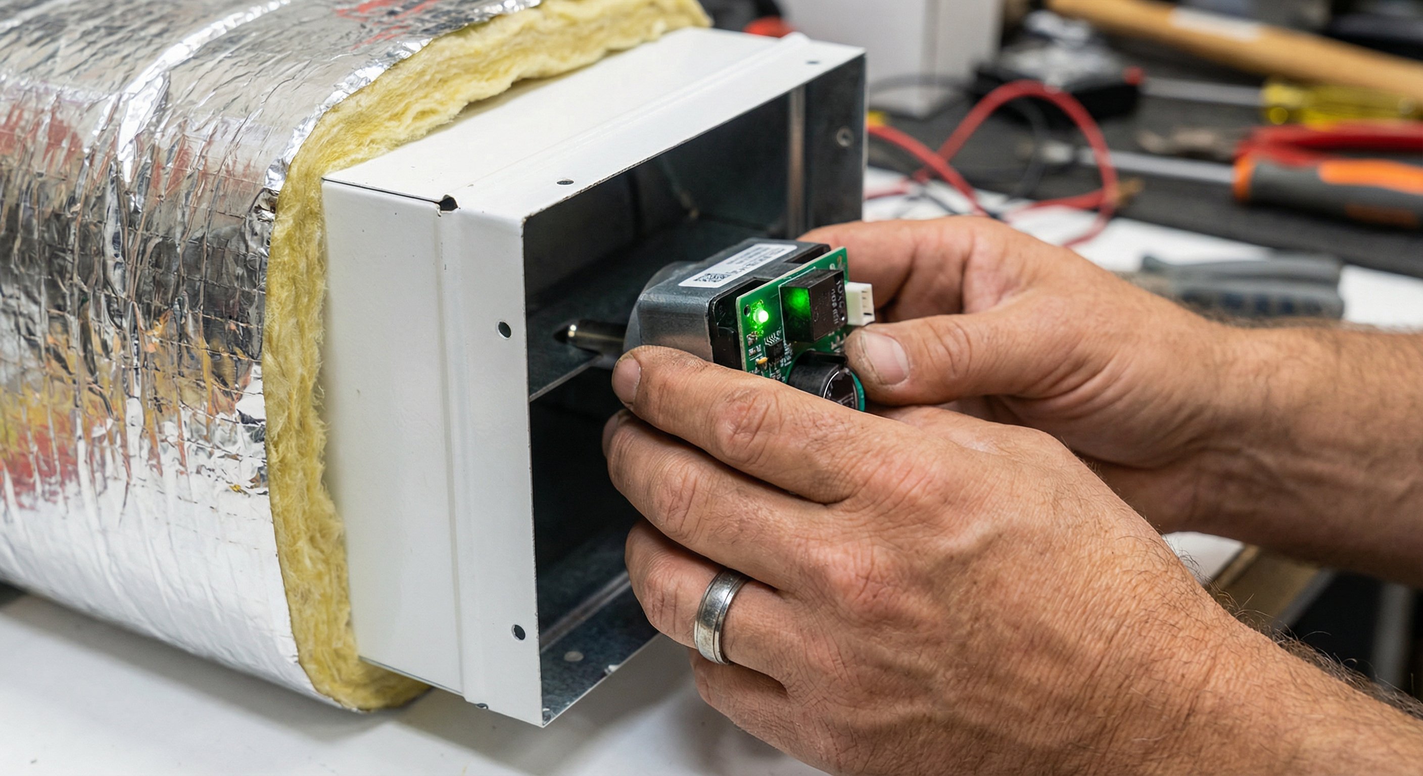 HVAC technician's hands holding a smart zone damper actuator beside open ductwork