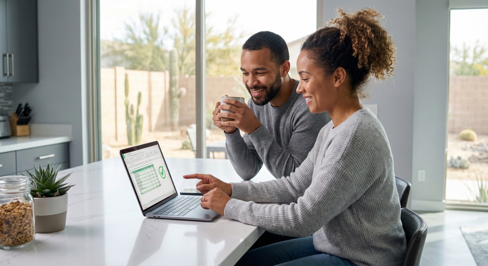 Young Phoenix homeowner couple comparing AC