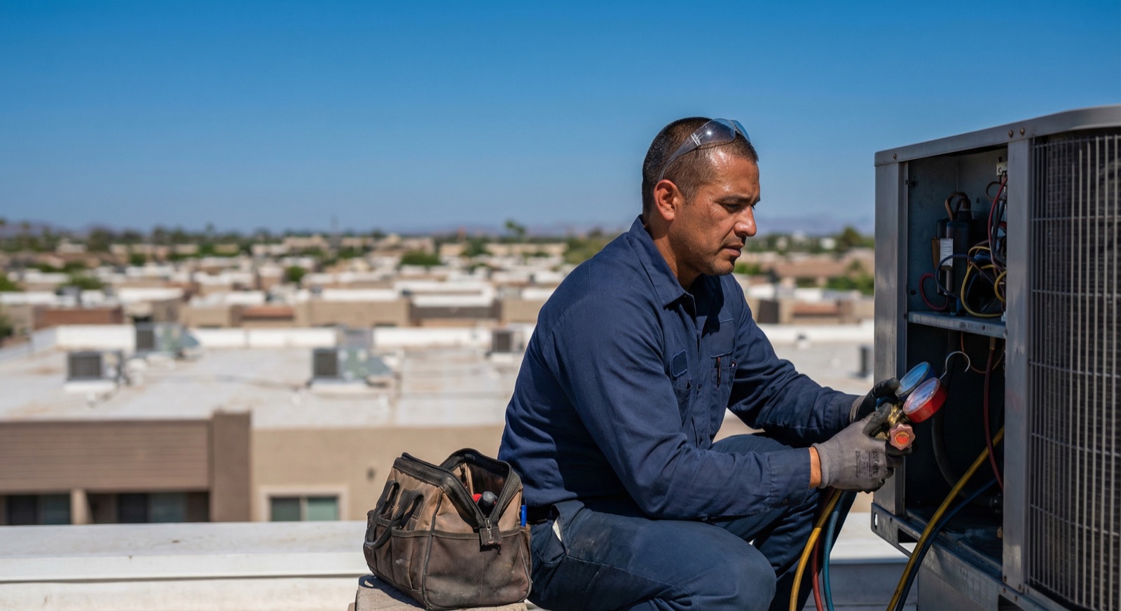 HVAC technician working on rooftop package unit