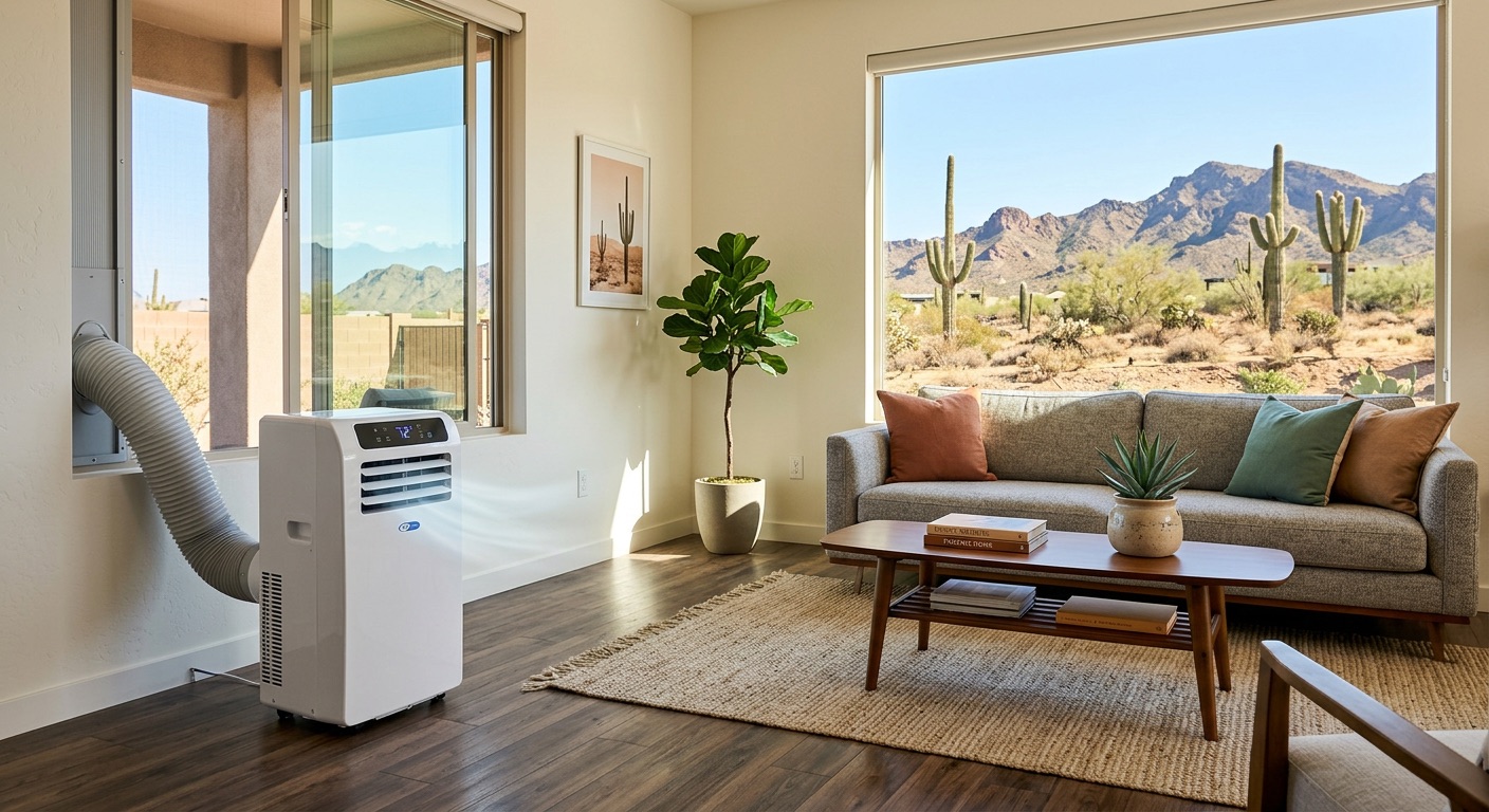 Portable AC unit in a Phoenix living room as temporary cooling