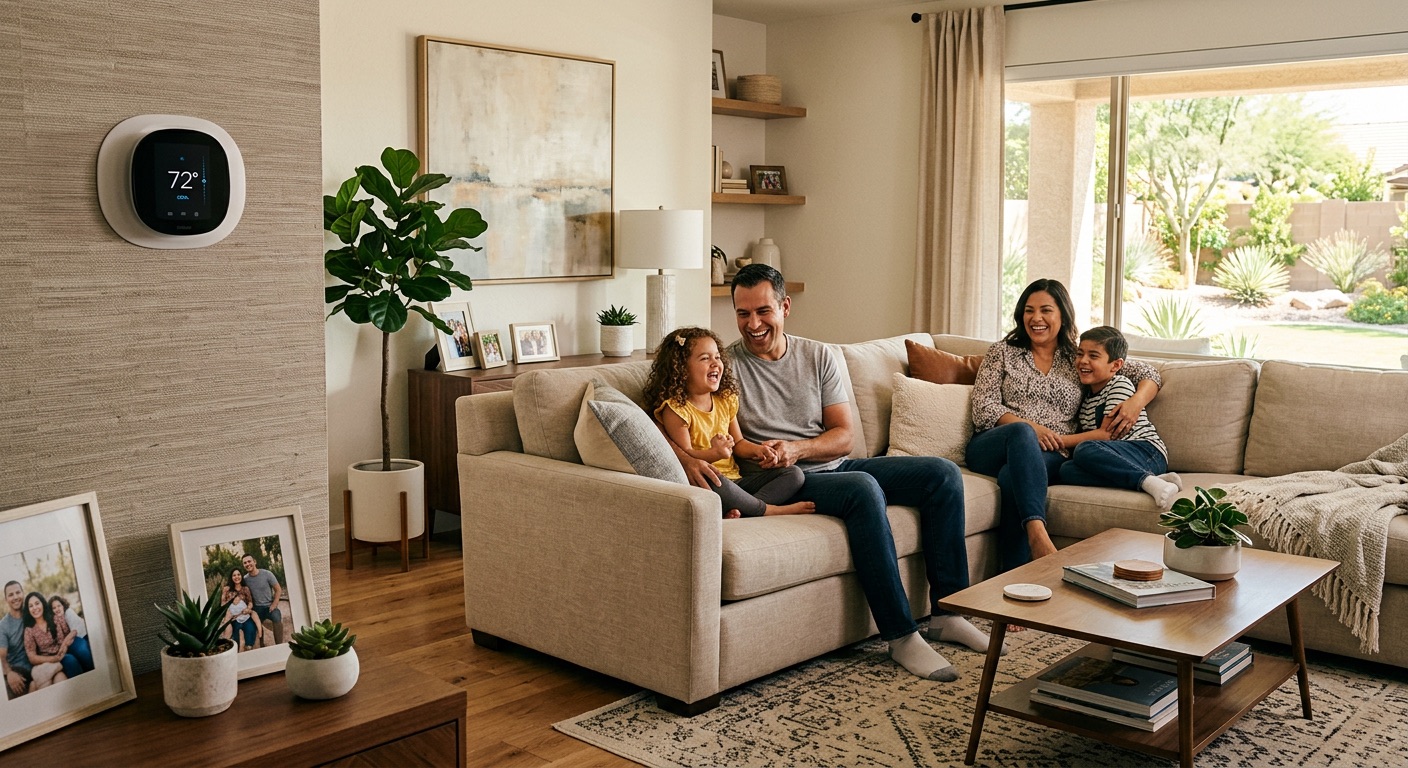 Happy Phoenix family relaxing in cool living room with thermostat showing 72 degrees