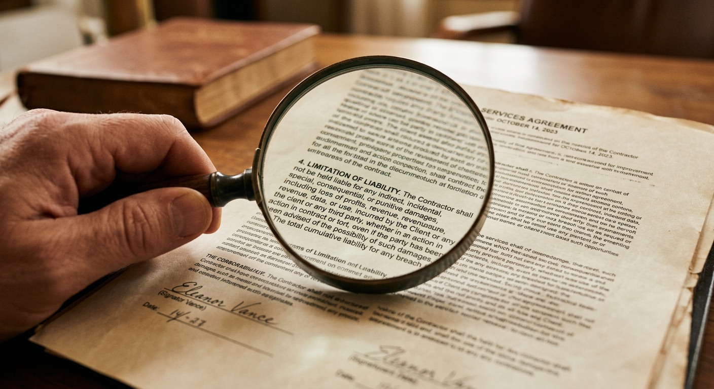 Magnifying glass over fine print on a contract document