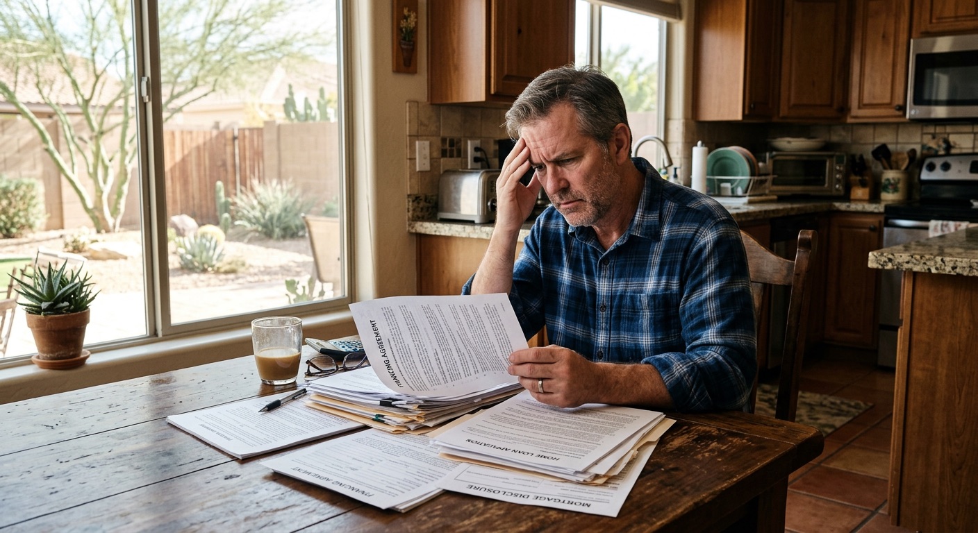 Stressed homeowner reading financing documents at kitchen table