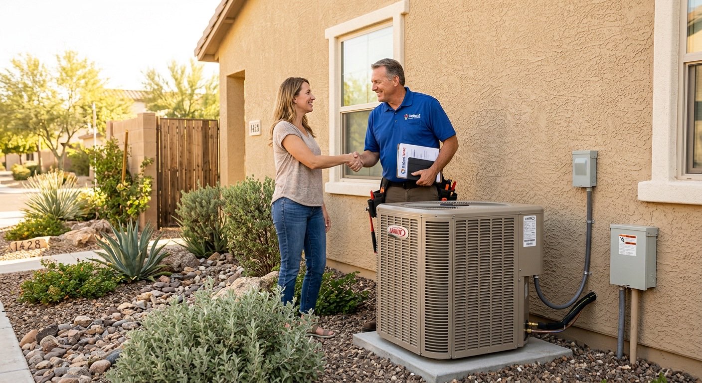 Homeowner and contractor shaking hands in front of new AC condenser