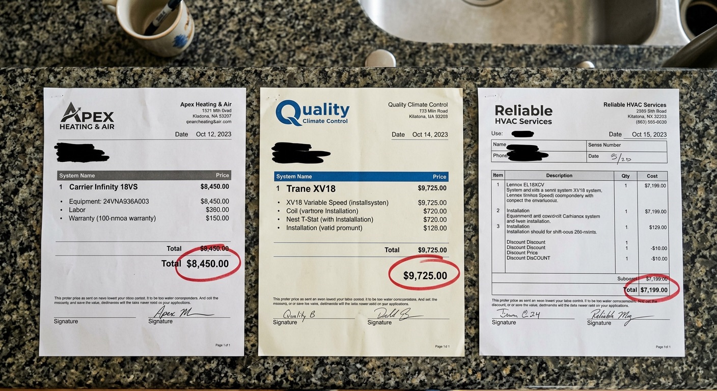 Three HVAC quotes laid side by side on kitchen counter with prices circled in red