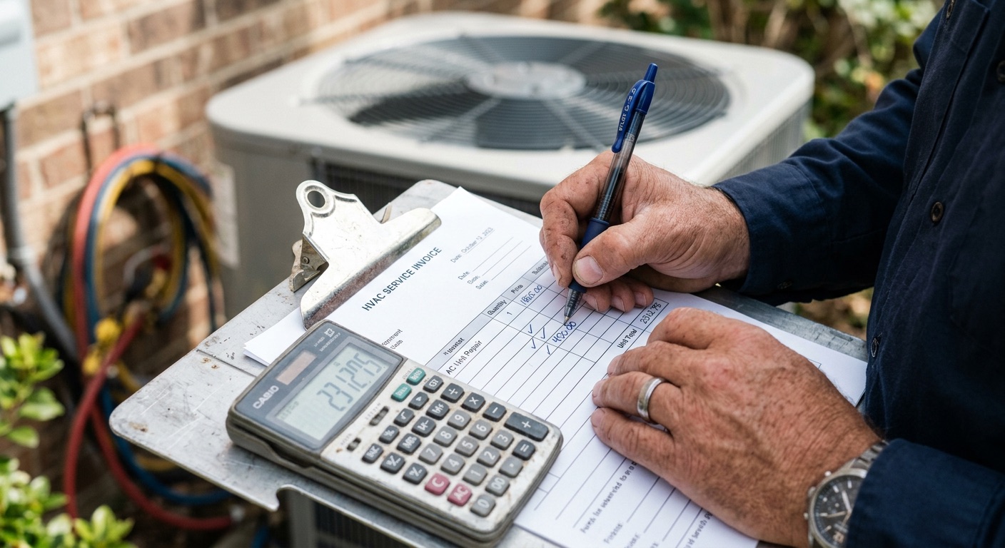 Contractor hand writing numbers on invoice with clipboard and calculator