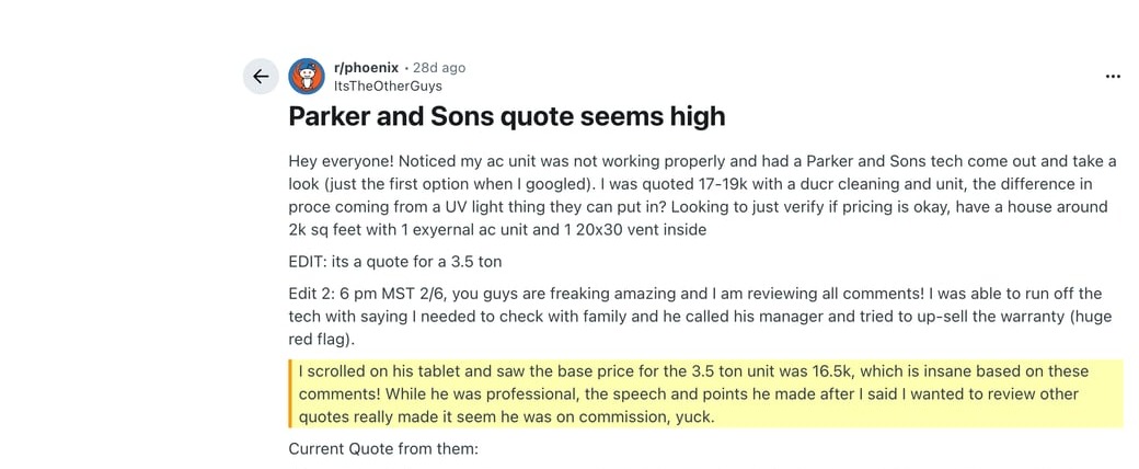 r/phoenix thread about Parker and Sons quote