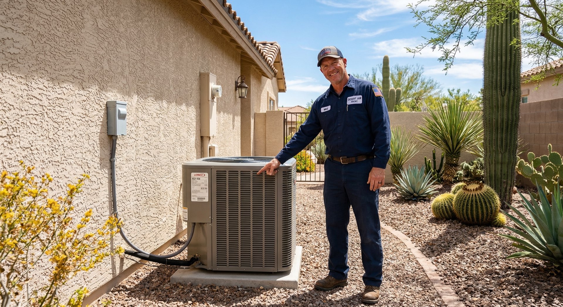 HVAC technician inspecting AC unit on side of Arizona home