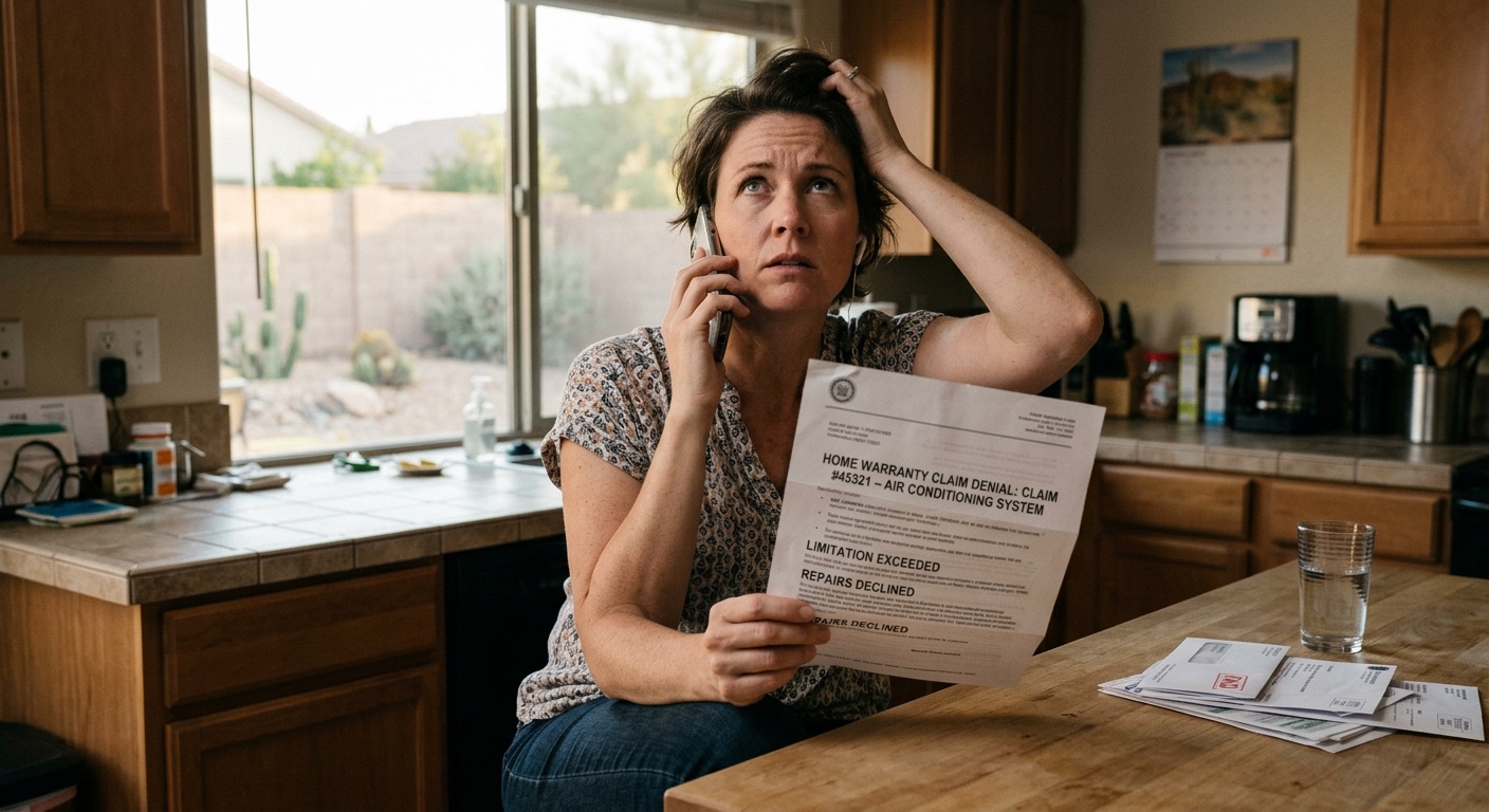 Frustrated homeowner on phone holding warranty denial letter in kitchen